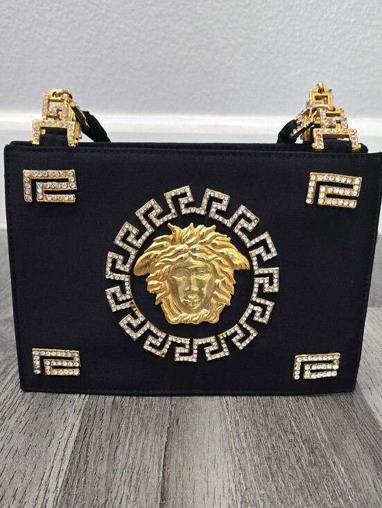 Versace Handbags - Rare Vintage 1992 Gianni Versace Couture Black Satin Rhinestone Medusa Bag